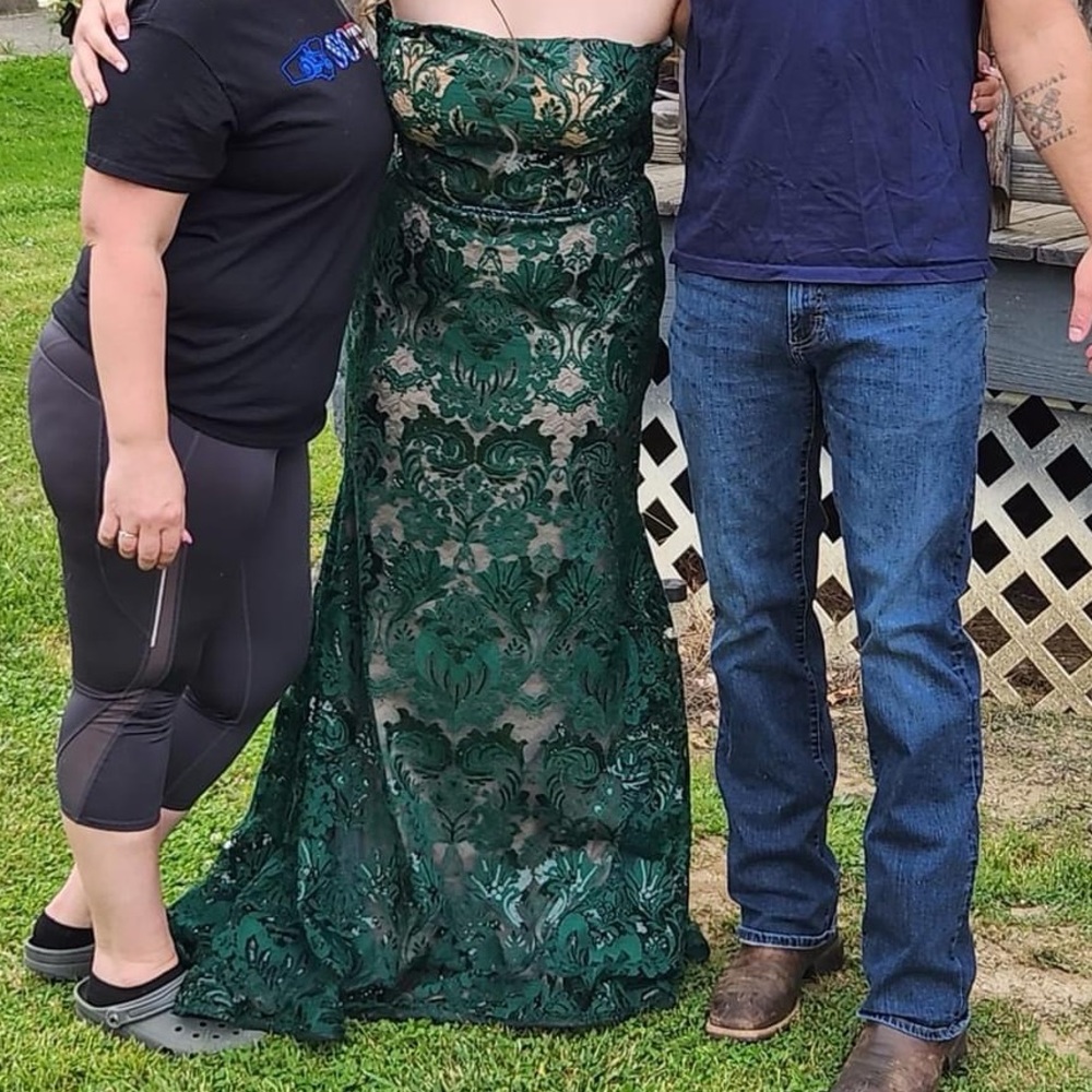 Forest green Morilee prom dress with nude underlay